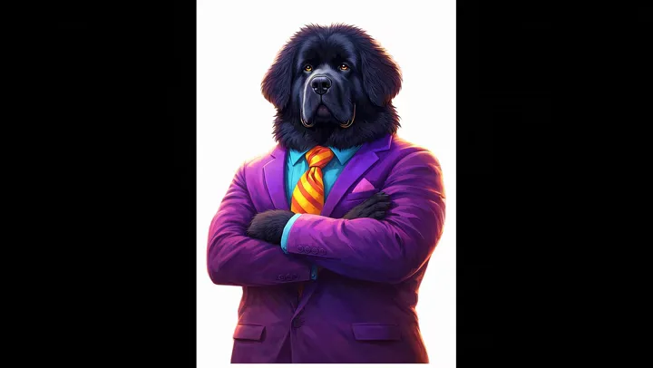 Mr. Pancake the Newfoundland standing calmly with arms crossed