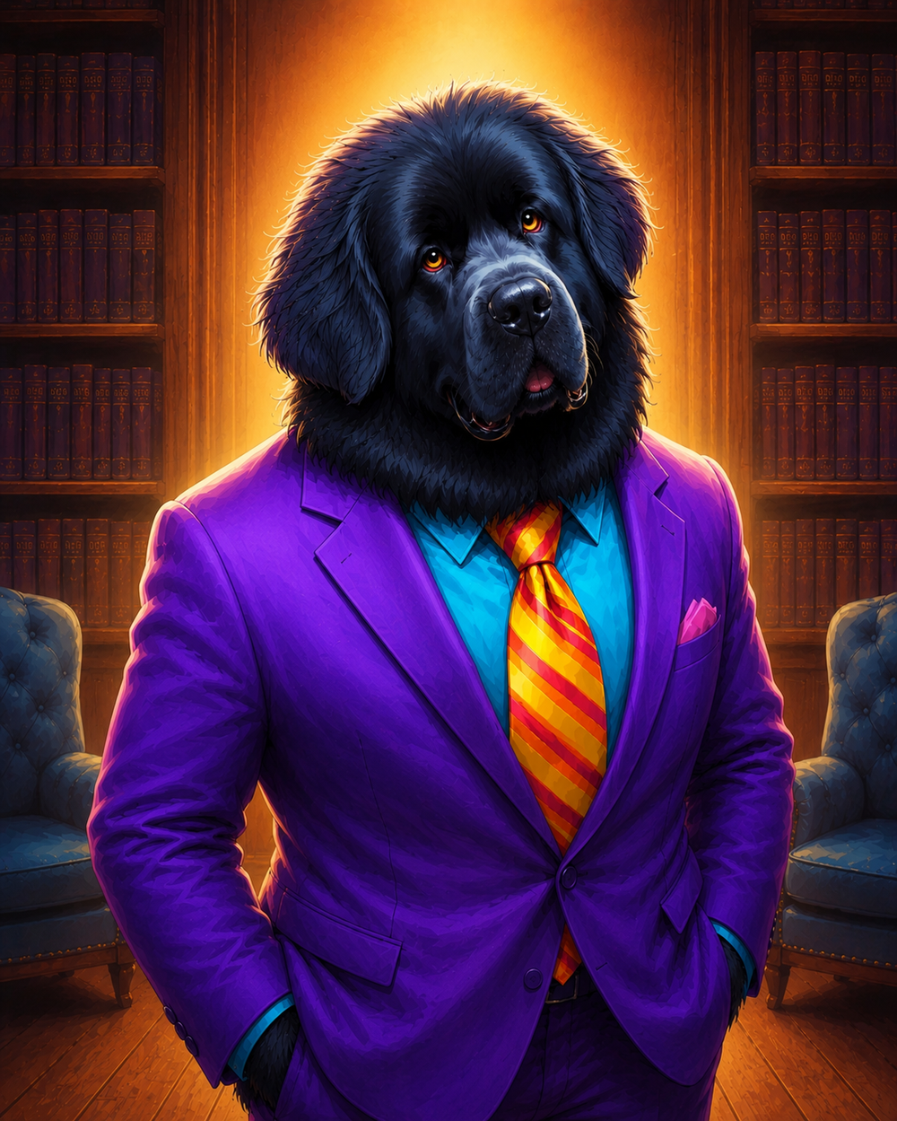 Mr. Pancake the Newfoundland tilting his head and listening closely