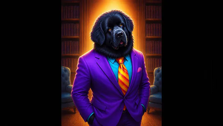 Mr. Pancake the Newfoundland tilting his head and listening closely