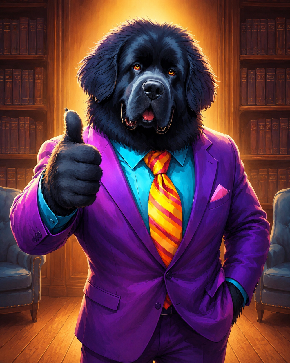 Mr. Pancake the Newfoundland giving a friendly thumbs up
