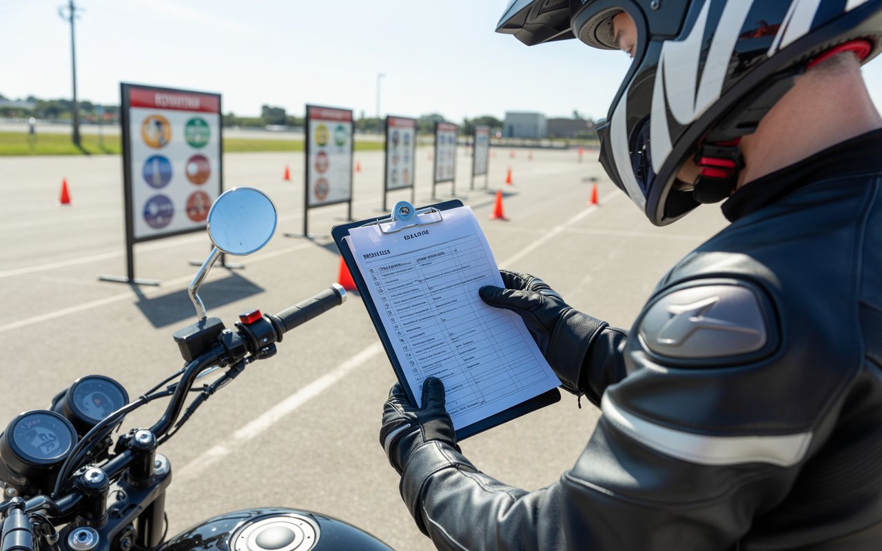 person taking a motorcycle class looking at a checklist. in the background there is some safety and equipment and signs
