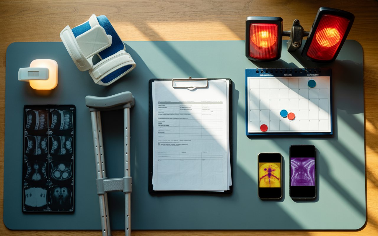 Visual metaphor of a brass valve limiting the flow of glowing coins from a reservoir to a waiting individual seated beside a damaged car and medical equipment (wheelchair, ice pack, sling). The valve clearly restricts the stream, leaving additional coins collected behind a transparent barrier. Subtle Colorado landscape at twilight, composed, responsible color palette, communicating that payout ceilings can cap recovery. No text, no words, no logos, no signage.