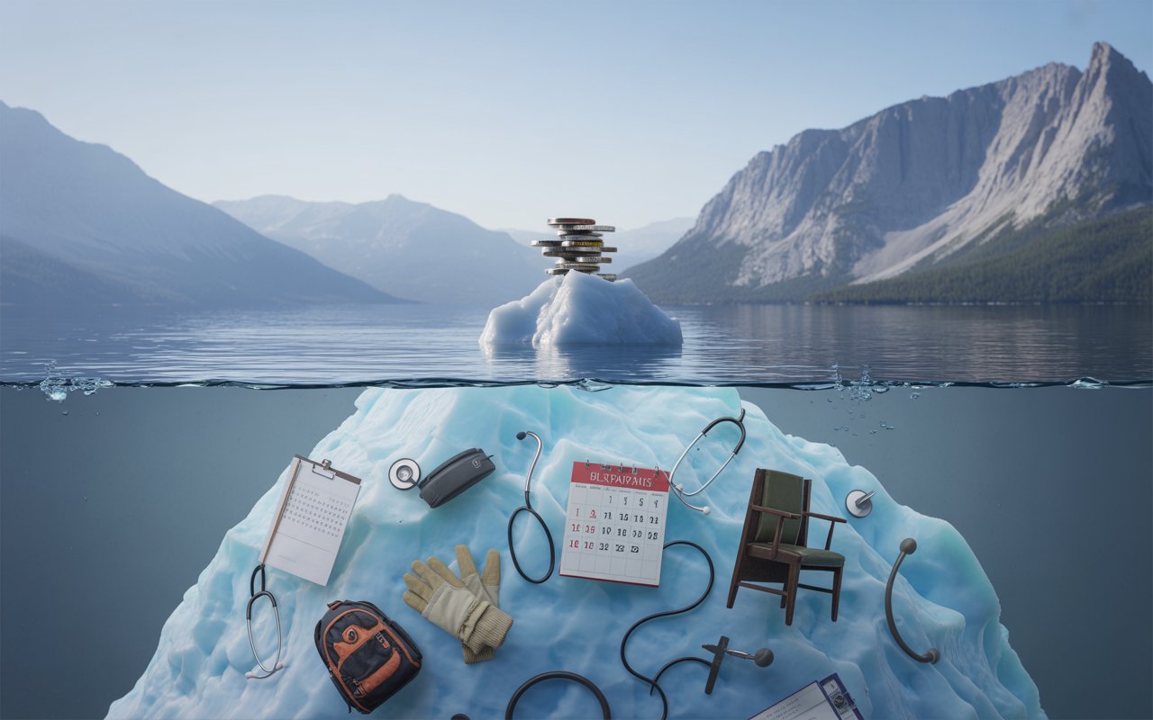 Iceberg metaphor in a crisp, photoreal lake beneath the Rockies at dawn: above the waterline, a very small stack of coins rests on the tip of ice; below the surface, a massive submerged structure filled with symbolic objects—medical devices, work gloves, calendar dots, therapy chair, child’s backpack—indicating hidden, long-term costs. Cool, trustworthy color palette, clear and persuasive composition. No text, no words, no logos, no signage.
