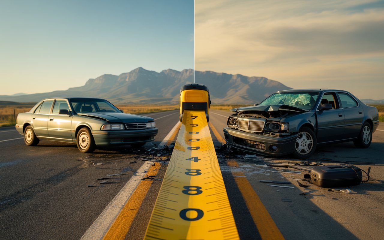 Cinematic, photoreal scene split into two adjacent vignettes: on the left, a minor fender-bender with two cars showing a small bumper dent under soft morning light; on the right, a severe highway crash with crumpled metal and deployed airbags at dusk. In the center foreground, a single oversized measuring tape strains awkwardly to “measure” both scenes at once, clearly failing to fit either. Subtle Colorado backdrop with distant Rockies, cool trustworthy blues with warm amber accents, calm yet authoritative mood emphasizing that one-size metrics don’t fit unique injuries. No text, no words, no logos, no signage.