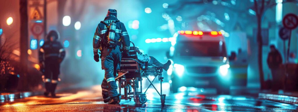 Emergency paramedic rushing patient on stretcher to ambulance at night. First responder saving lives in urban crisis. Concept of medical emergency, rescue, urgent care, 911. 
