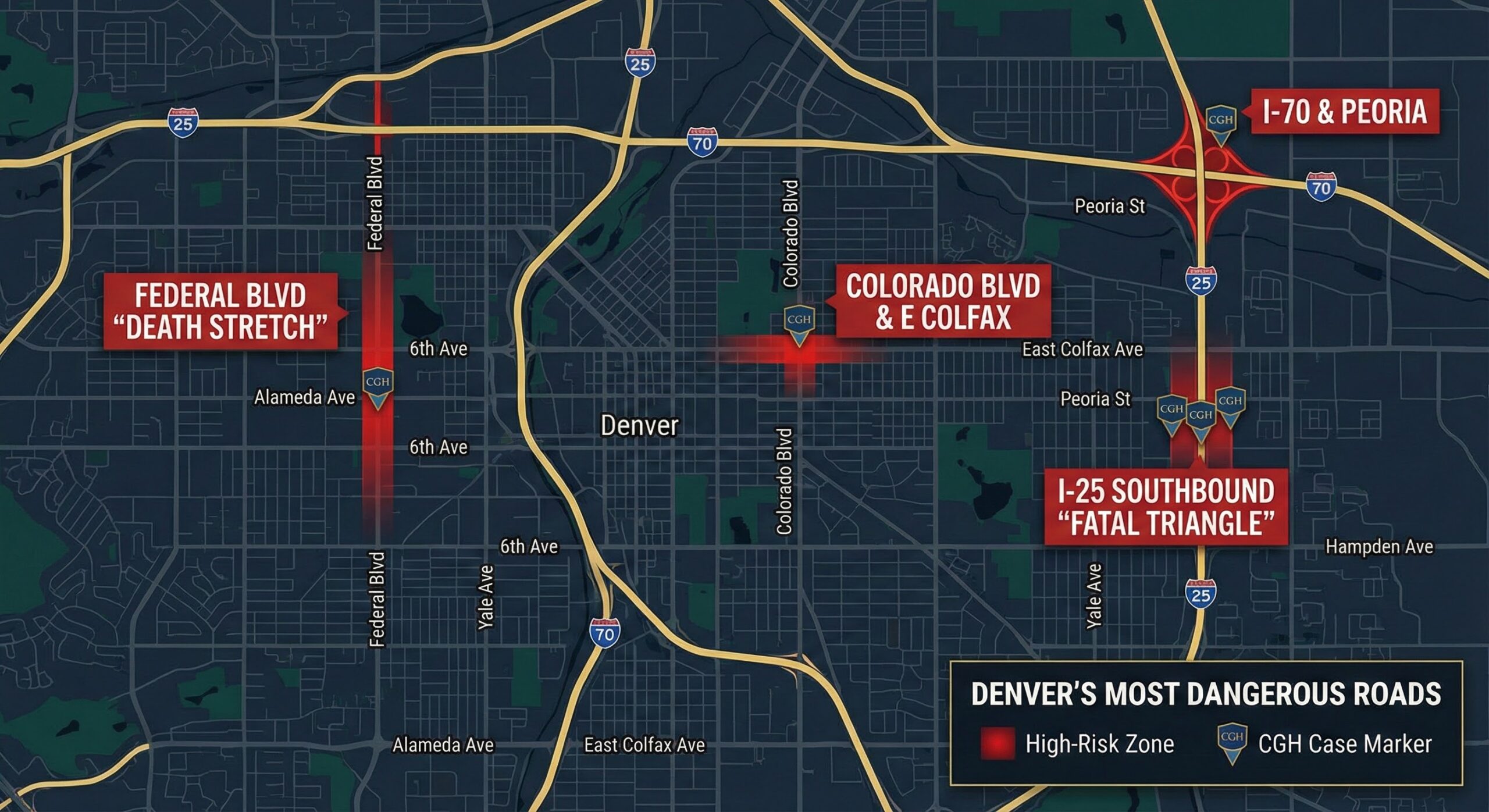 Denver high-risk accident intersection map with Federal Boulevard Colfax I-70 Peoria