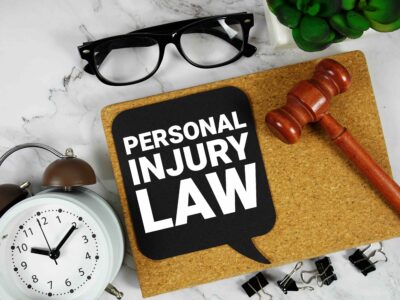 Personal Injury Law text on speech bubble with alarm clock and wooden gavel on marble background