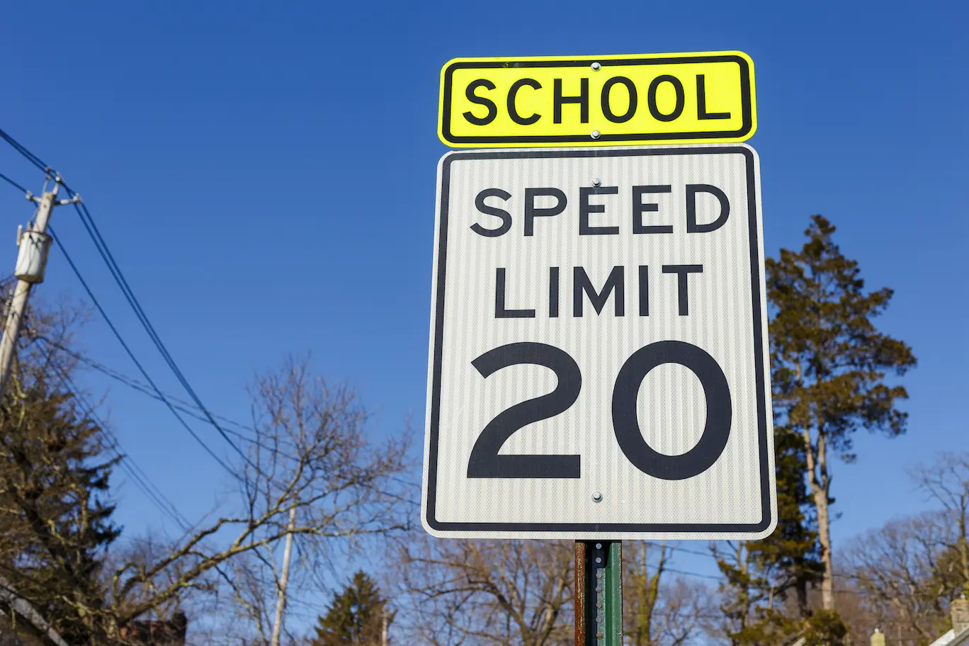 20 speed limit sign in a school zone
