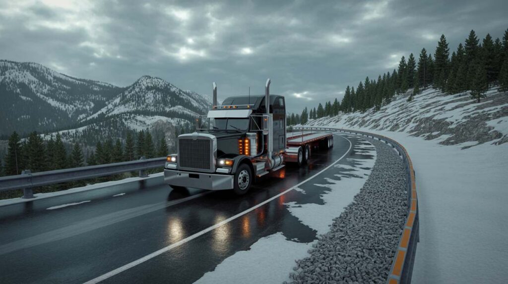 A semi-truck navigates a winding, snowy mountain pass on a wet road