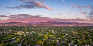 panorama of Fort Collins and foothills of Rocky Mountains in northern Colorado