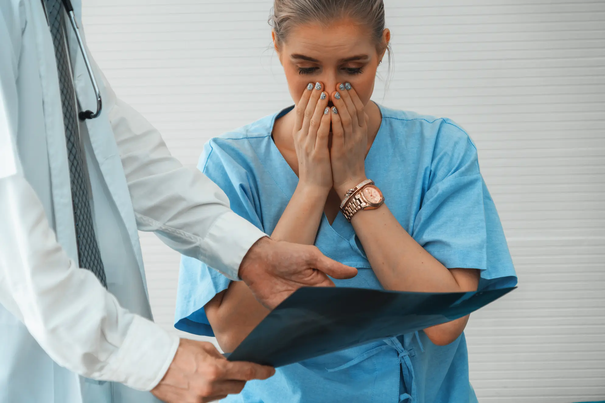 Doctor and unhappy patient at hospital or medical clinic