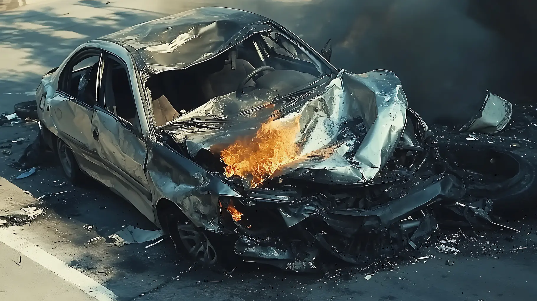 burning car from a drunk driving car crash showing possible burn injury 
