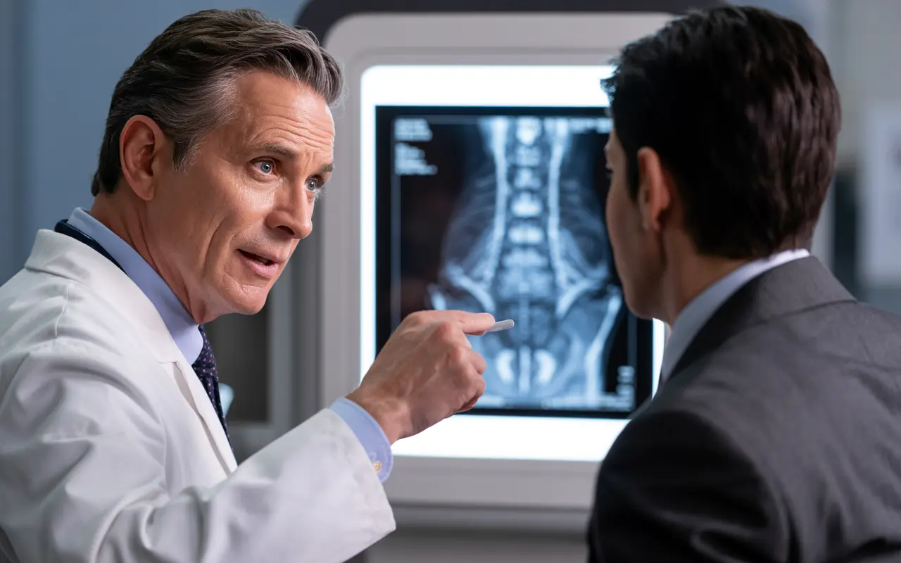 doctor explaining the catastrophic injury case of a client to a lawyer