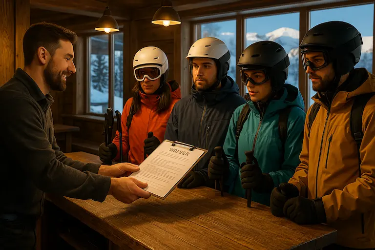 skiers getting asked to sign a waiver in a ski resort