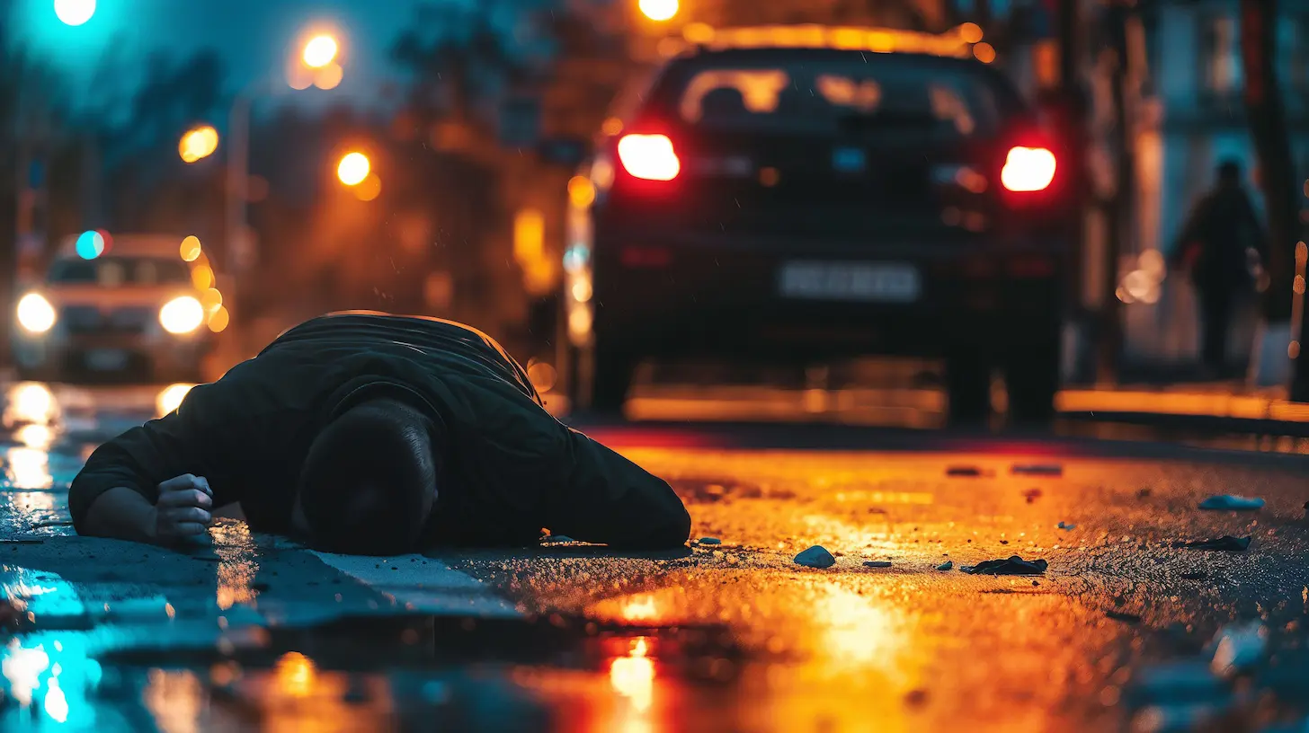 a man lying face down in a crossroad after a hit and run