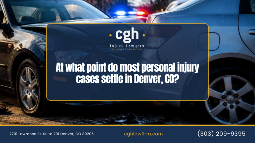 CGH Injury Lawyers graphic asking at what point most personal injury cases settle in Denver, with the firm’s Denver address and phone number